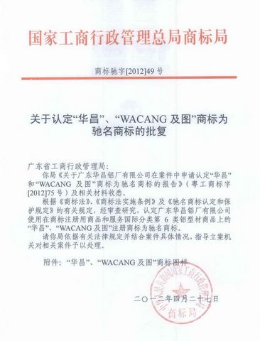 “偉昌”馳名商標(biāo)認(rèn)定文件