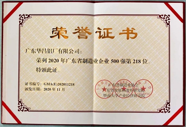 華昌鋁業(yè)上榜“2020年廣東省制造業(yè)企業(yè)500強”