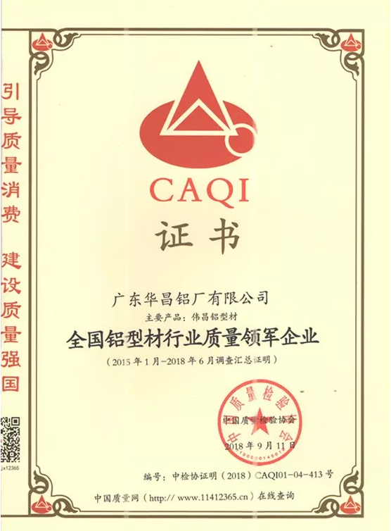 華昌榮譽 | 質(zhì)量創(chuàng)名牌，華昌鋁業(yè)被授予“全國鋁型材行業(yè)質(zhì)量領(lǐng)軍企業(yè)”稱號